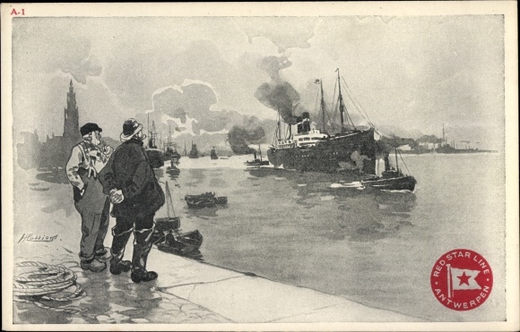 Künstler Litho Cassiens, H., Blick auf einen Dampfer, Red Star Line, Schlepper