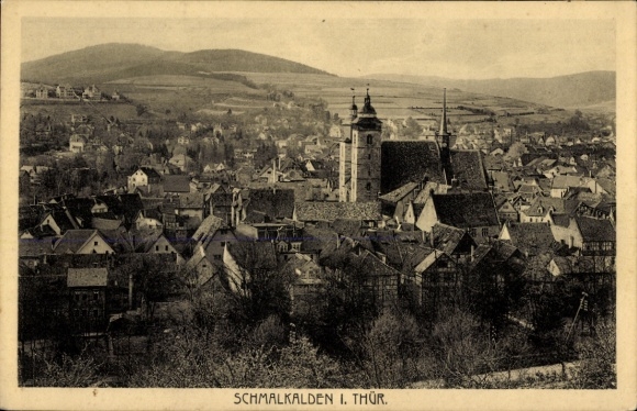 Postcard Schmalkalden in the Thuringian Forest, town view, church, buildings, mountains in the background