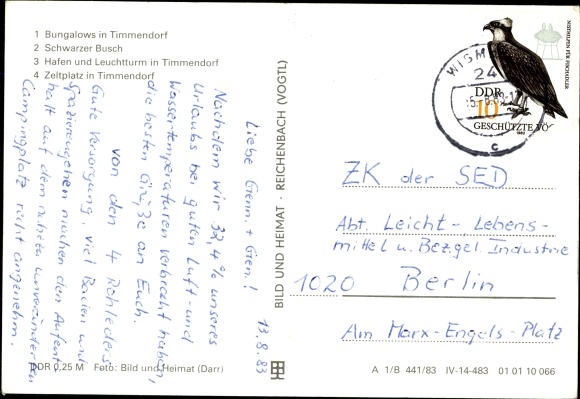 Postcard Timmendorf on the island of Poel, bungalows, black bush, harbor and lighthouse, campground