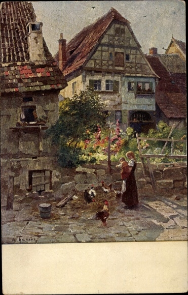 Kunstenaarskaart Thamm, Adolf, Besigheim in de wijk Ludwigsburg, oude huizen, vrouw met kind, kippen
