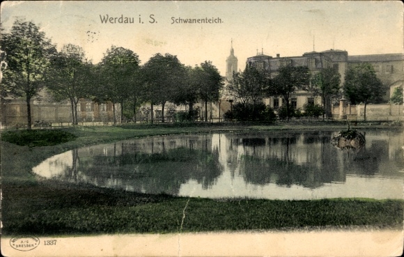 Postcard Werdau in Saxony, Swan Pond