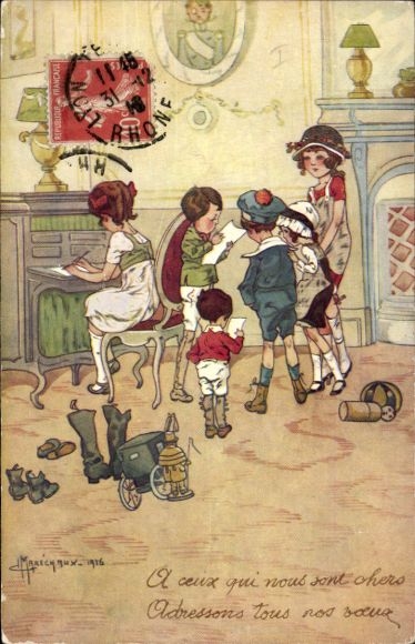 Artist Postcard Marechaux, Children Reading and Writing