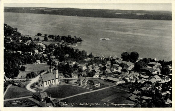 Postcard Tutzing am Starnberger See Upper Bavaria, aerial view of Tutzing am Starnberger See, church in