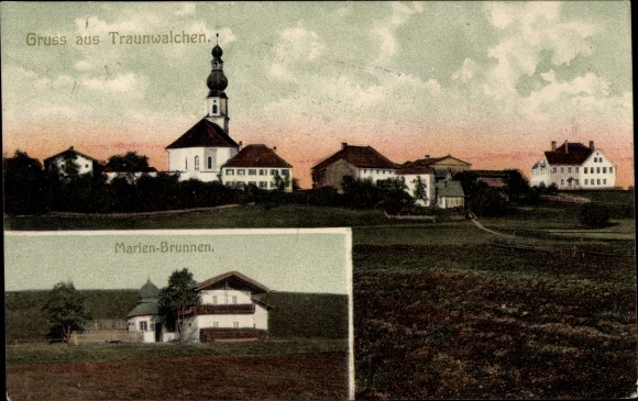 Ak Traunwalchen Traunreut Oberbayern, Blick auf den Ort, Marien Brrunnen