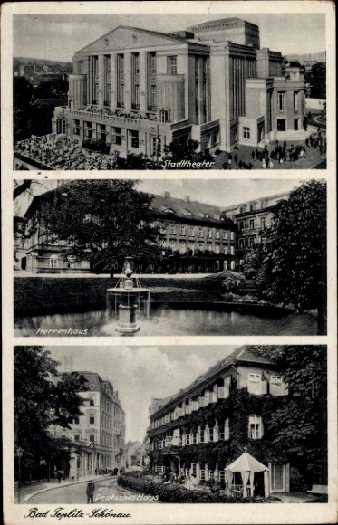 Ak Teplice Šanov Teplitz Schönau Regio Ústí nad Labem, Stadsschouwburg, Landhuis, Duits Huis