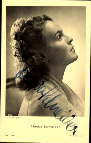 Ak actrice Magda Schneider, portret in profiel, Ross Verlag A 2166 1, handtekening