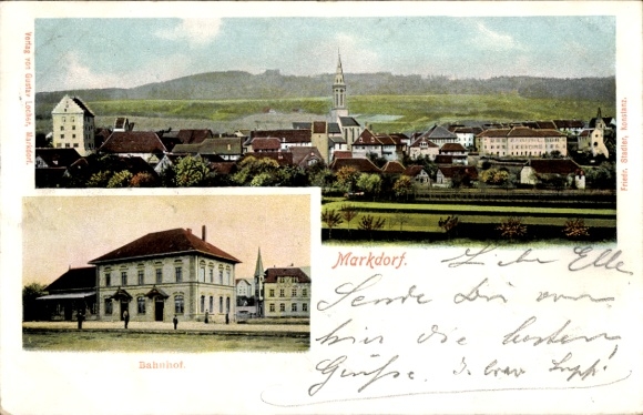 Postcard Markdorf Bodenseekreis Baden, general view, train station