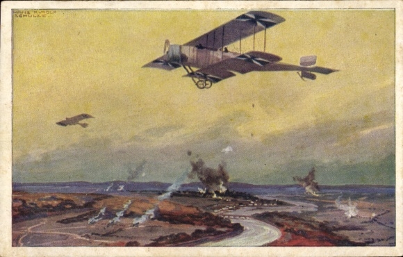 Artist Postcard Schulze, Hans Rudolf, Military biplane on reconnaissance flight on the Marne, I. WK