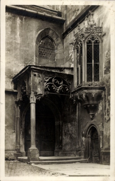 Postcard Wertheim am Main, portal of the Protestant church, architecture, Gothic windows