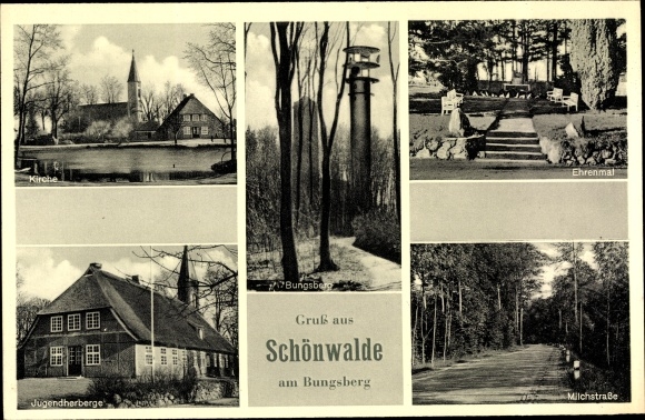 Postcard Schönwalde am Bungsberg in Ostholstein, church, memorial, Milky Way, youth hostel