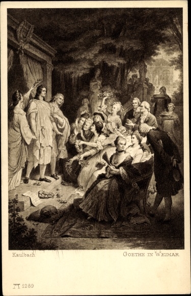 Artist Postcard Kaulbach, Goethe stands in antique clothing in an open room, surrounded by numerous...