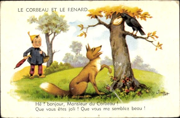 Artist Postcard Patt, J., The Raven and the Fox, Fuchs und Rabe, hello Mr. Raven!