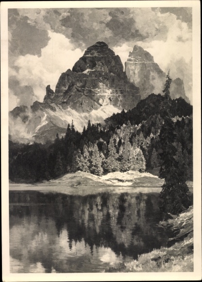 Artist PC Maurus, Hanns, Misurinasee with Drei Zinnen, HDK 437, forest, mountain peaks