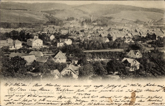 Ak Selke Aue in het Harzgebergte, luchtfoto van Aue, talrijke daken, heuvels op de achtergrond