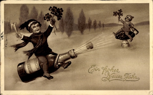 Ak Glückwunsch Neujahr, Kinder, Pilz, Glücksklee, Sekt