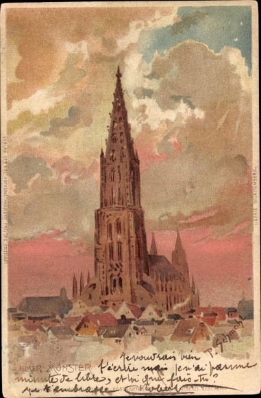 Artist Chromo-Litho Schmohl, P., Ulm on the Danube, city view with Münster