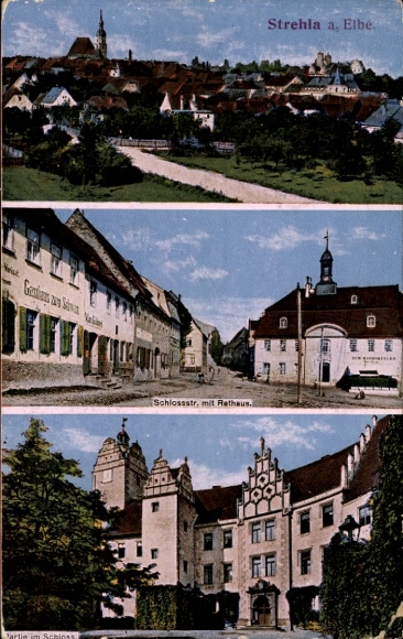 Postcard Strehla on the Elbe in Saxony, Schlossstrasse, town hall, castle, Gasthaus zum Schwan
