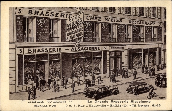 Kunstenaarskaart Paris X., Chez Weiss, La Grande Brasserie Alsacienne, Rue d'Hauteville