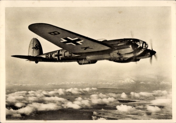 Postcard German Air Force, Heinkel He 111 H approaching the target, fighter aircraft, BK+CS