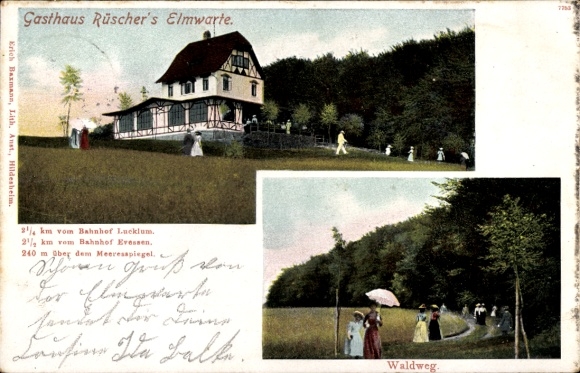 Postcard Lucklum Erkerode in Lower Saxony, Rüschers Elmwarte, walkers on the forest path