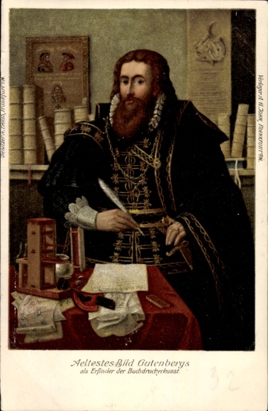 litho Oudste afbeelding van Gutenberg als uitvinder van de boekdrukkunst
