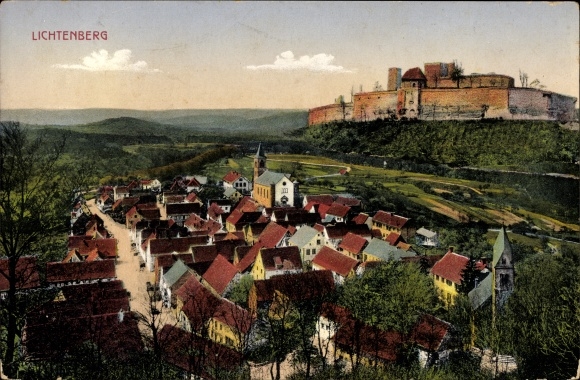 Postcard Lichtenberg Alsace Bas Rhin, panorama, fortress ruins, church, inn Zur Sonne, Georg Solt