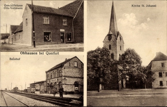 Ak Obhausen in Saalekreis, Otto Vollmann bedrijfsgebouw, treinstation, St. Johannikerk