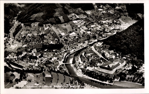 Postcard Wolfach in the Black Forest, aerial photograph, Black Forest, river, mountains, landscape