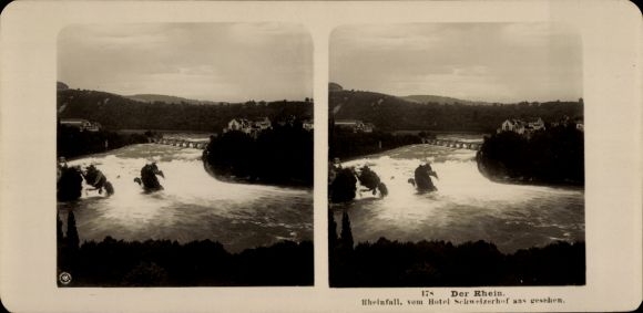Stereo photo Rhine Falls Canton Schaffhausen, view from the Hotel Schweizerhof