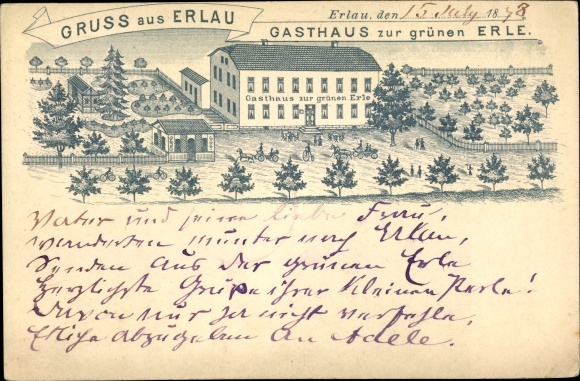 Litho Erlau in Sachsen, Gasthaus zur grünen Erle