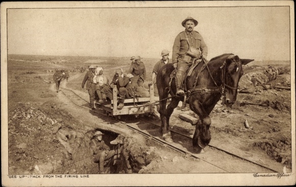 Postcard Gee up, Back from the firing line, Canadian soldiers, Light railway, Draft horse