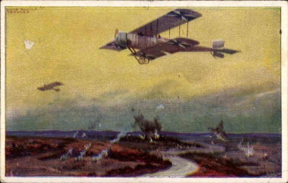 Künstler Ak Schulze, Hans Rudolf, Militärdoppeldecker auf Erkundungsflug an der Marne, I. WK