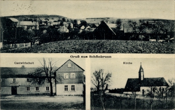 Postcard Vienna 13 Hietzing Austria, Schönbrunn, Three pictures: Inn, Church, Landscape