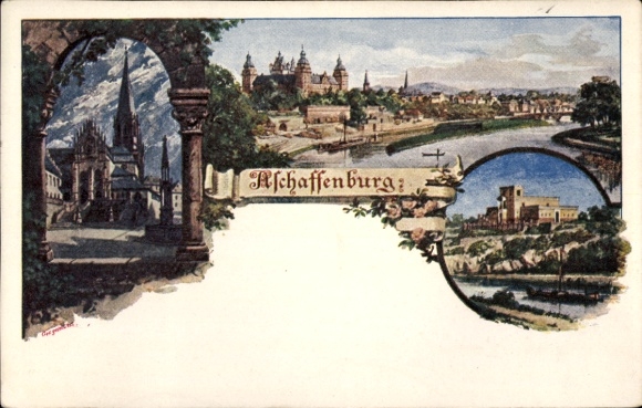 Kunstenaarsbriefkaart Aschaffenburg in Neder-Franken Beieren, kerk, algemeen beeld