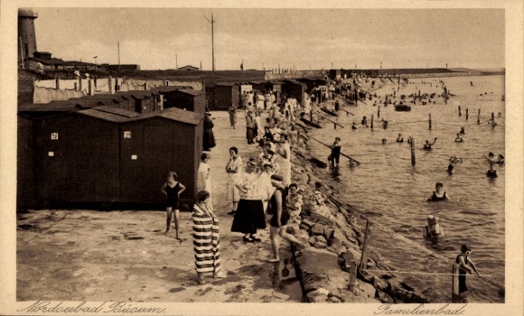Ak Noordzeebadplaats Büsum, strandzicht, badgasten, badhuizen, Noord-Duitsland