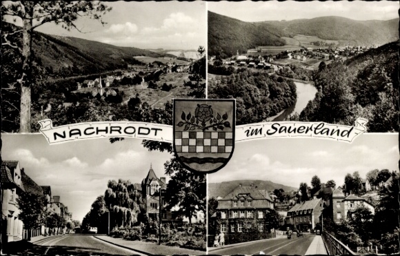 Ak Nachrodt Wiblingwerde im Sauerland, Wappen, Teilansichten, Kirche, Panorama