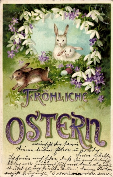 Chromo-Litho congratulations Easter, Easter bunnies, snowbells, Easter eggs