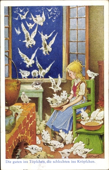 Artist Postcard Baumgarten, Fritz, Cinderella, Cinderella, fairy tale, pigeons