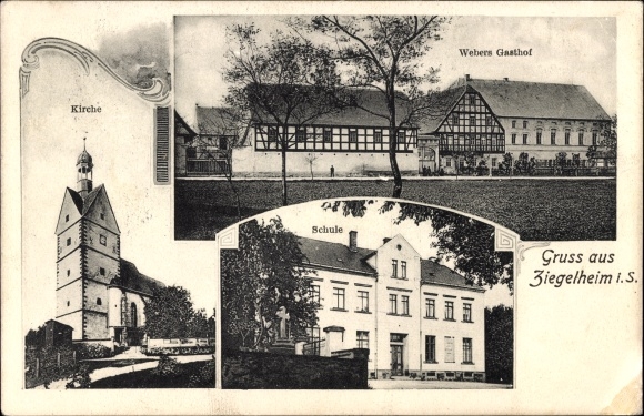 Postcard Ziegelheim Nobitz Altenburger Land, church, school, Weber's inn