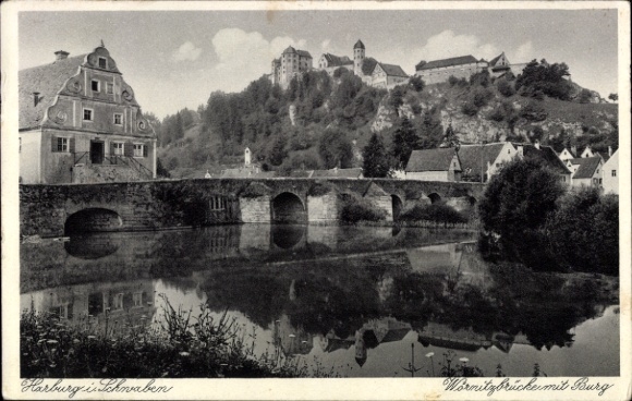 Postcard Harburg an der Wörnitz Swabia, historic castle, bridge, quiet water landscape, old archi