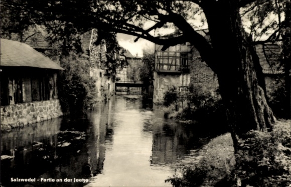 Ak Salzwedel in der Altmark, Flusslandschaft, Brücke, historische Gebäude, Bäume