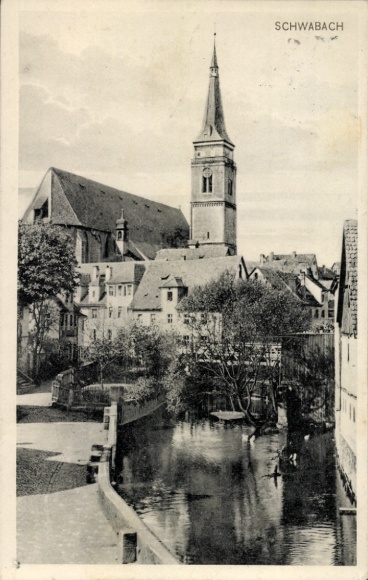 Postcard Schwabach in Middle Franconia Bavaria, partial view, church