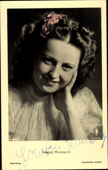 Ak Schauspielerin Hansi Knoteck, Portrait, Blumen im Haar, Autogramm