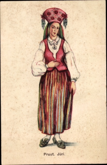 Artist PC Pruut, Jüri, Estonian folk costume, woman, skirt, hat