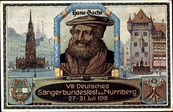 Postal stationery artist PC Schmidt, C., Nuremberg, 8th German National Singers Festival 1912, portrait of Hans Sachs