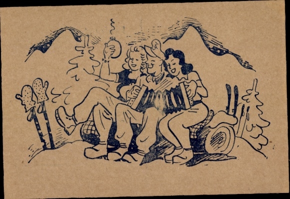 Artist Postcard Wehrmacht soldier with two women, accordion, skis