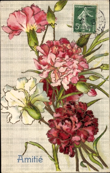 Emboss litho amitie, carnations, red, white and pink blossoms, flowers