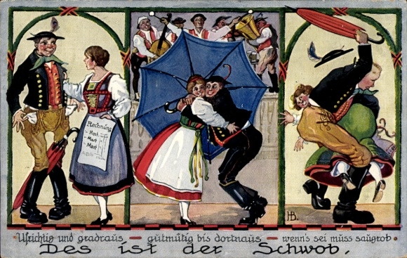 Artist Postcard Boettcher, Hans, This is the Swabian, dancing couple, umbrella