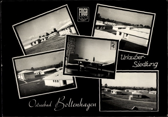 Ak Ostseebad Boltenhagen, Postkarte mit Fotos der Ferienanlage, Text 'Urlauber Siedlung', schw...