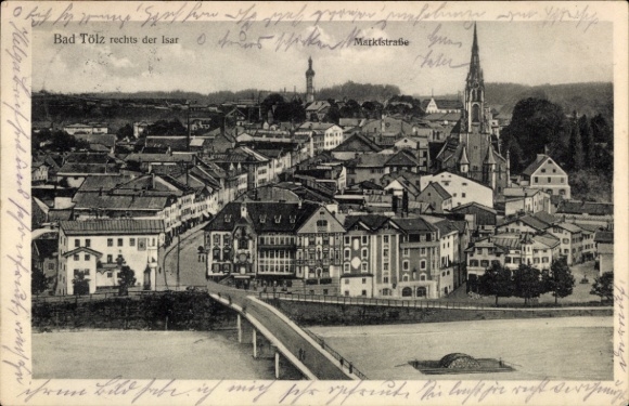 Postcard Bad Tölz in Upper Bavaria, city view from the right bank of the Isar, churches, bridge, buildings